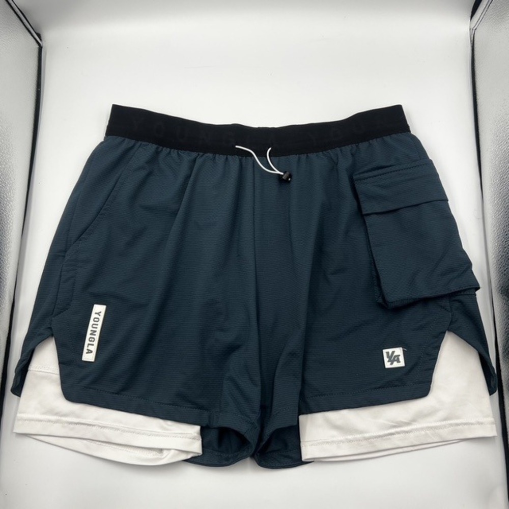 YoungLA 121 Men's Small 2-in-1 Cargo Blue and White 4" Lined Gym Shorts